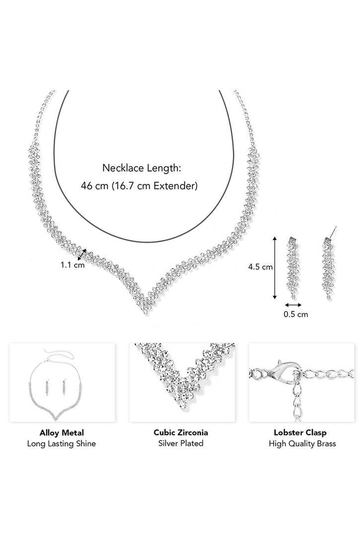 Silver plated cubic zirconia necklace and drop earring set elegant fashion jewellery for women