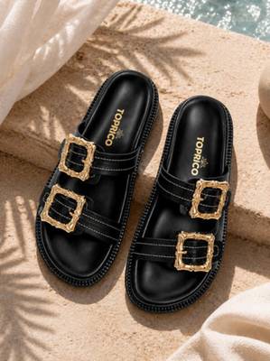 Black buckle detail faux leather cloud comfort flats for women 1