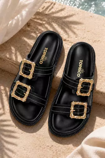 Black buckle detail faux leather cloud comfort flats for women