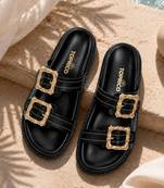 Black buckle detail faux leather cloud comfort flats for women