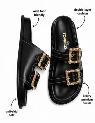 Black buckle detail faux leather cloud comfort flats for women 2