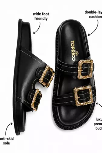 Black buckle detail faux leather cloud comfort flats for women