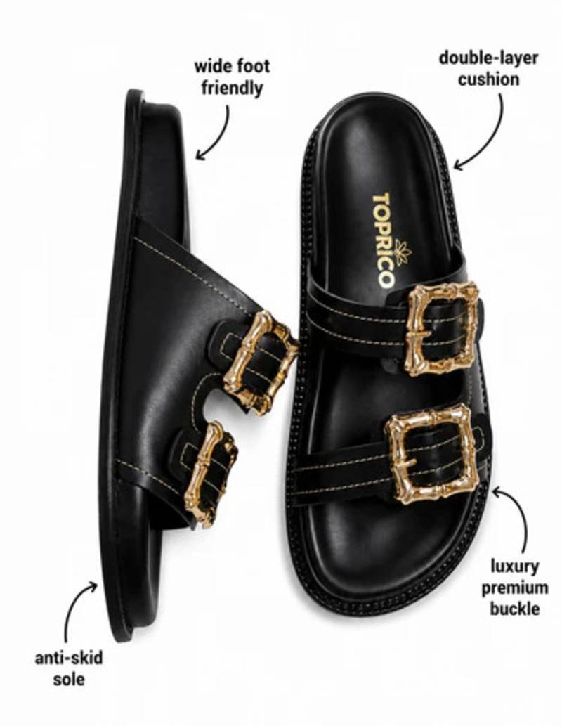 Black buckle detail faux leather cloud comfort flats for women
