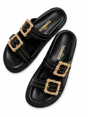 Black buckle detail faux leather cloud comfort flats for women 5