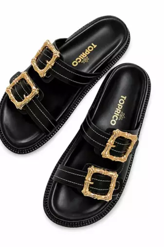 Black buckle detail faux leather cloud comfort flats for women
