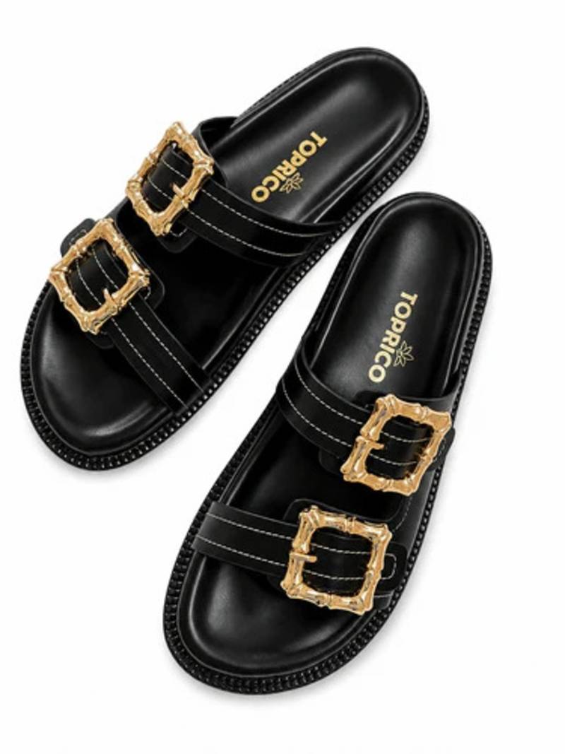 Black buckle detail faux leather cloud comfort flats for women