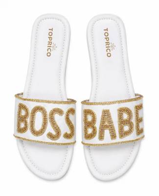 White embellished faux leather boss babe flat slides for women 1