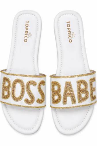 White embellished faux leather boss babe flat slides for women