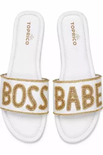 White embellished faux leather boss babe flat slides for women