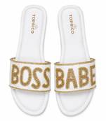 White embellished faux leather boss babe flat slides for women
