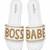 White embellished faux leather boss babe flat slides for women