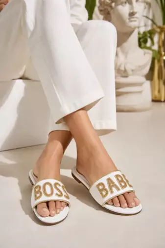 White embellished faux leather boss babe flat slides for women