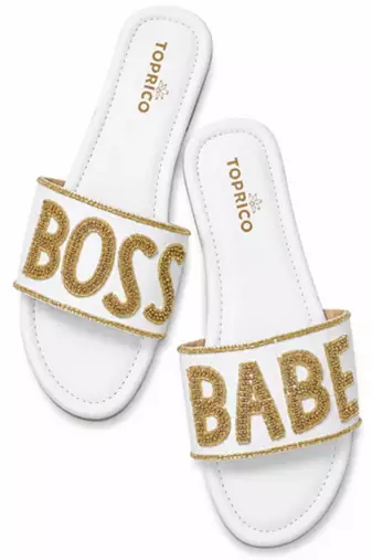 White embellished faux leather boss babe flat slides for women