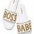 White embellished faux leather boss babe flat slides for women