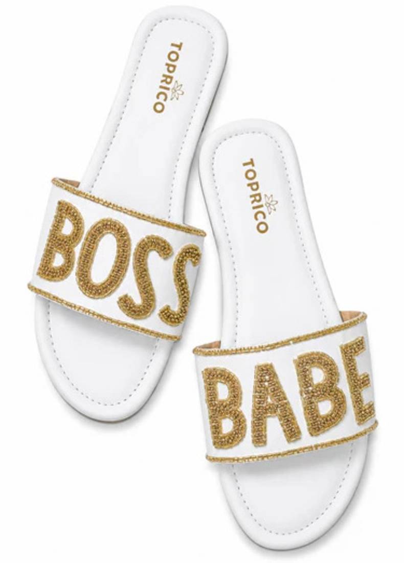 White embellished faux leather boss babe flat slides for women