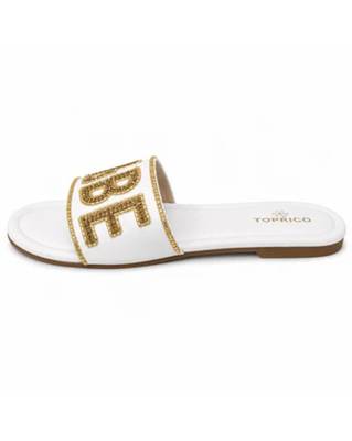 White embellished faux leather boss babe flat slides for women 5