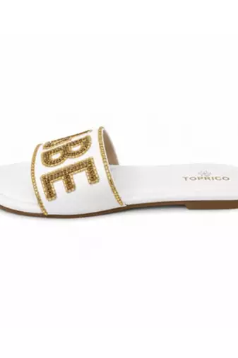 White embellished faux leather boss babe flat slides for women