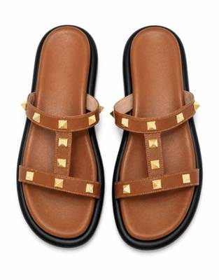 Tan studded faux leather t-bar flats for women 1