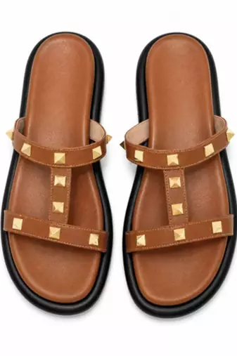 Tan studded faux leather t-bar flats for women