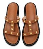Tan studded faux leather t-bar flats for women