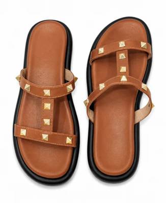 Tan studded faux leather t-bar flats for women 2