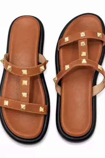 Tan studded faux leather t-bar flats for women