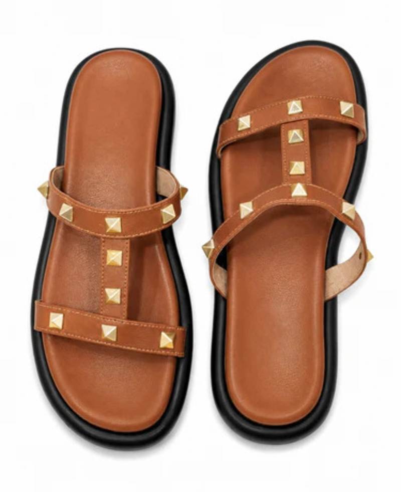 Tan studded faux leather t-bar flats for women