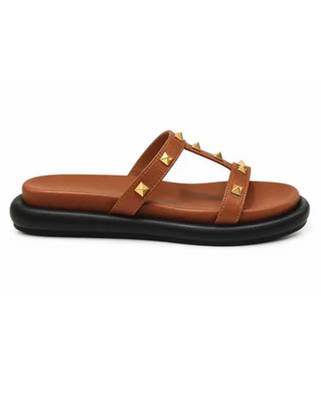 Tan studded faux leather t-bar flats for women 4