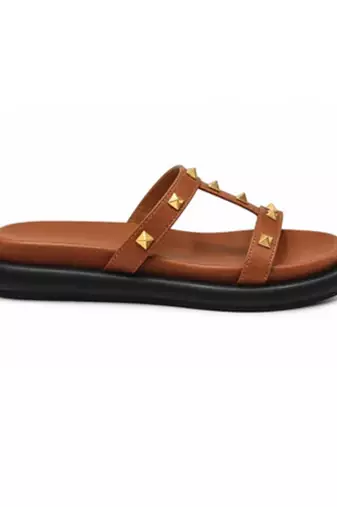 Tan studded faux leather t-bar flats for women