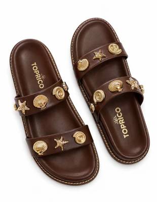 Brown embellished faux leather double strap flats for women 1