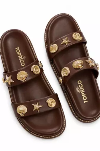 Brown embellished faux leather double strap flats for women