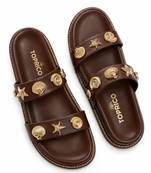 Brown embellished faux leather double strap flats for women