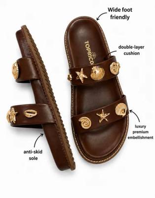 Brown embellished faux leather double strap flats for women 2