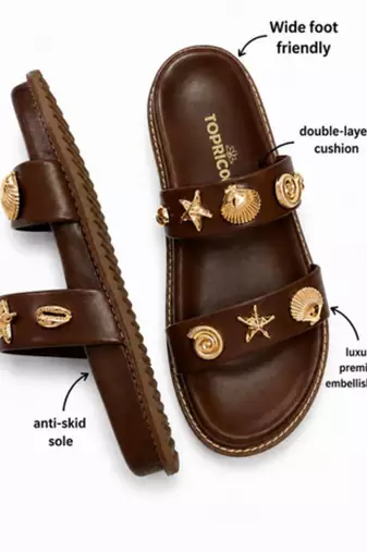 Brown embellished faux leather double strap flats for women
