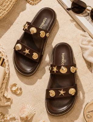 Brown embellished faux leather double strap flats for women 3