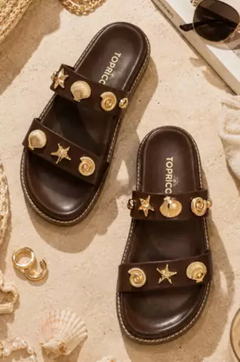 Brown embellished faux leather double strap flats for women