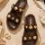 Brown embellished faux leather double strap flats for women