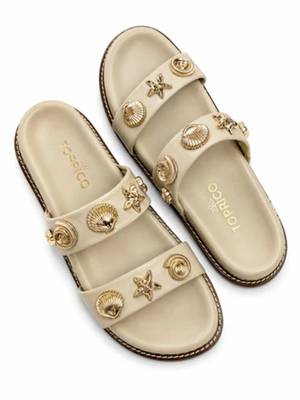 Cream embellished faux leather double strap flats for women 1