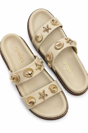 Cream embellished faux leather double strap flats for women