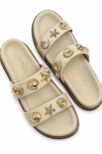 Cream embellished faux leather double strap flats for women