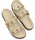 Cream embellished faux leather double strap flats for women