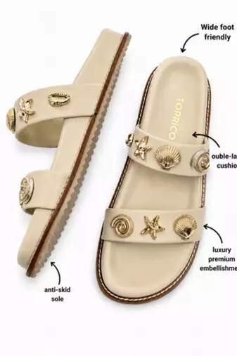 Cream embellished faux leather double strap flats for women