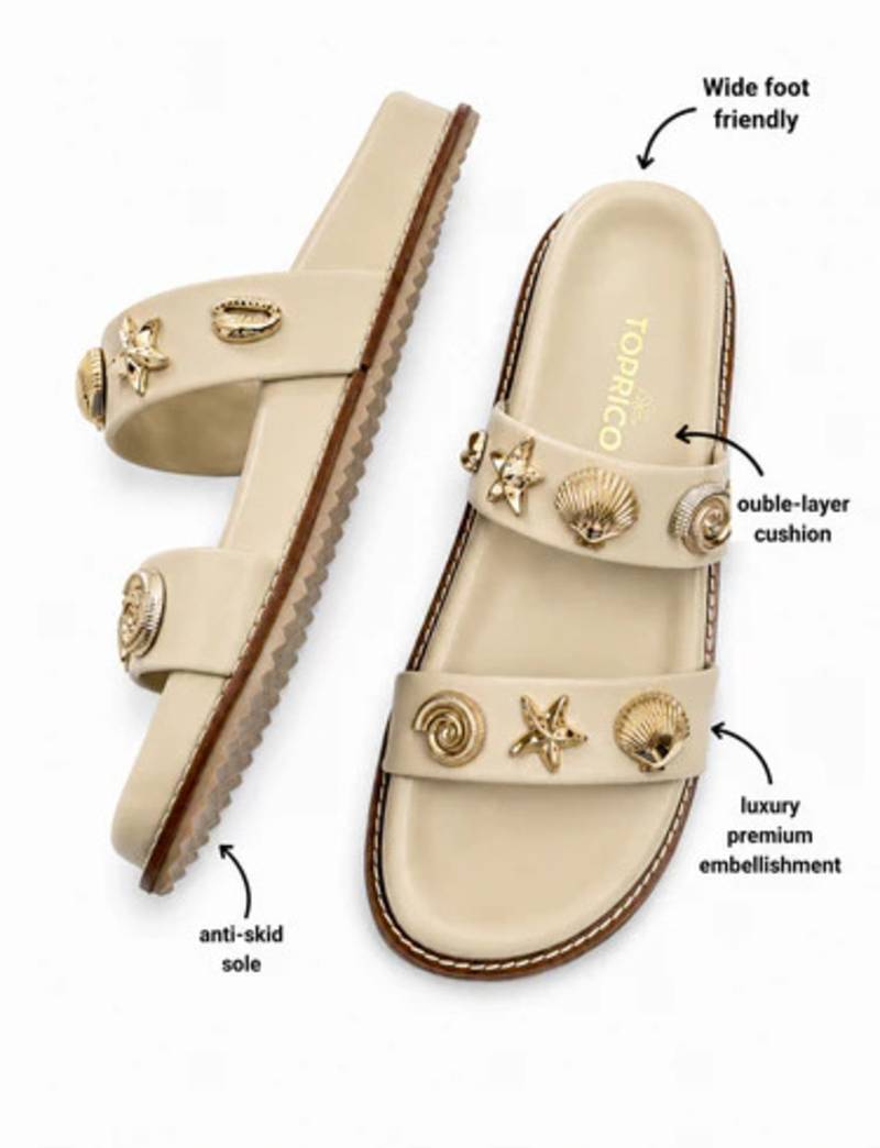 Cream embellished faux leather double strap flats for women