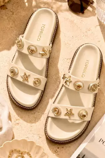 Cream embellished faux leather double strap flats for women