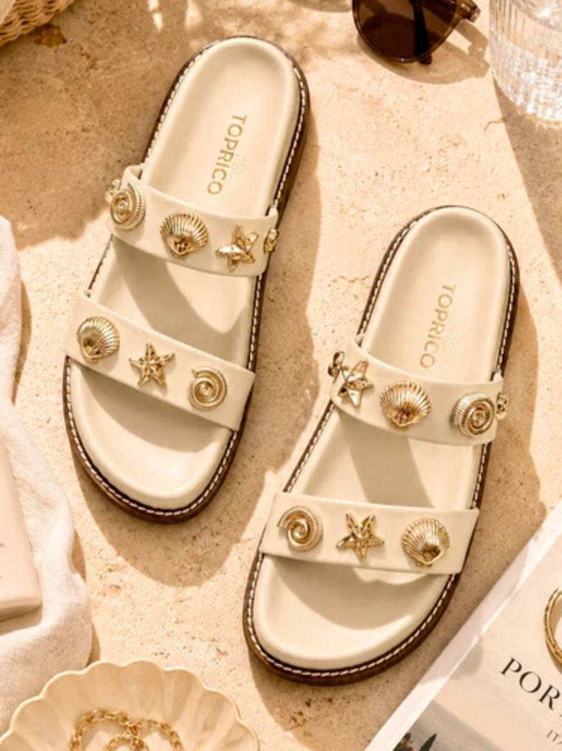 Cream embellished faux leather double strap flats for women