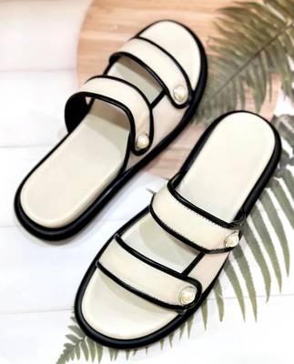 White embellished faux leather double strap flats for women 1