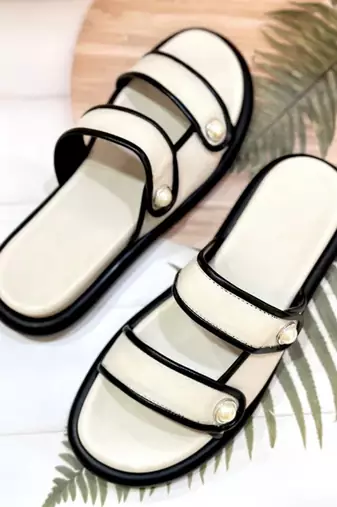 White embellished faux leather double strap flats for women