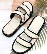 White embellished faux leather double strap flats for women