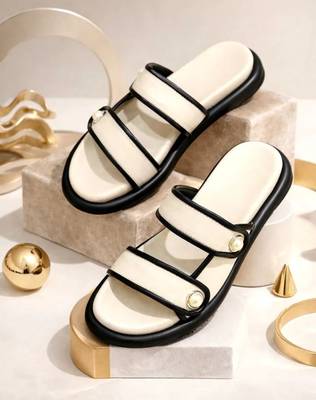 White embellished faux leather double strap flats for women 2