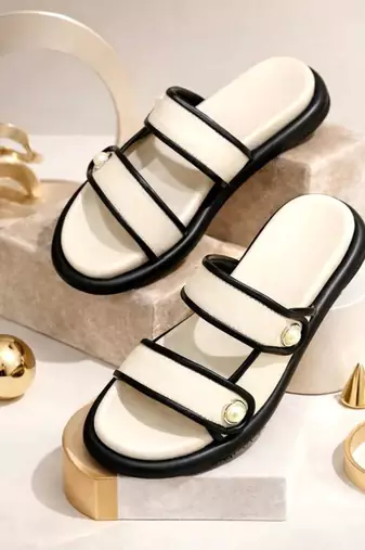 White embellished faux leather double strap flats for women